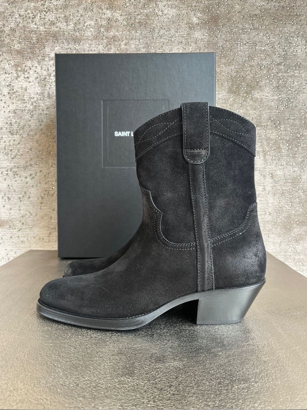Saint Laurent Black Suede Mid-Calf Western Heeled Boots